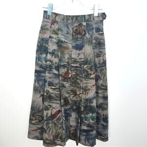 Vintage Geiger Wool Pleated Midi Skirt Nature Scene Animal Print Austria 38